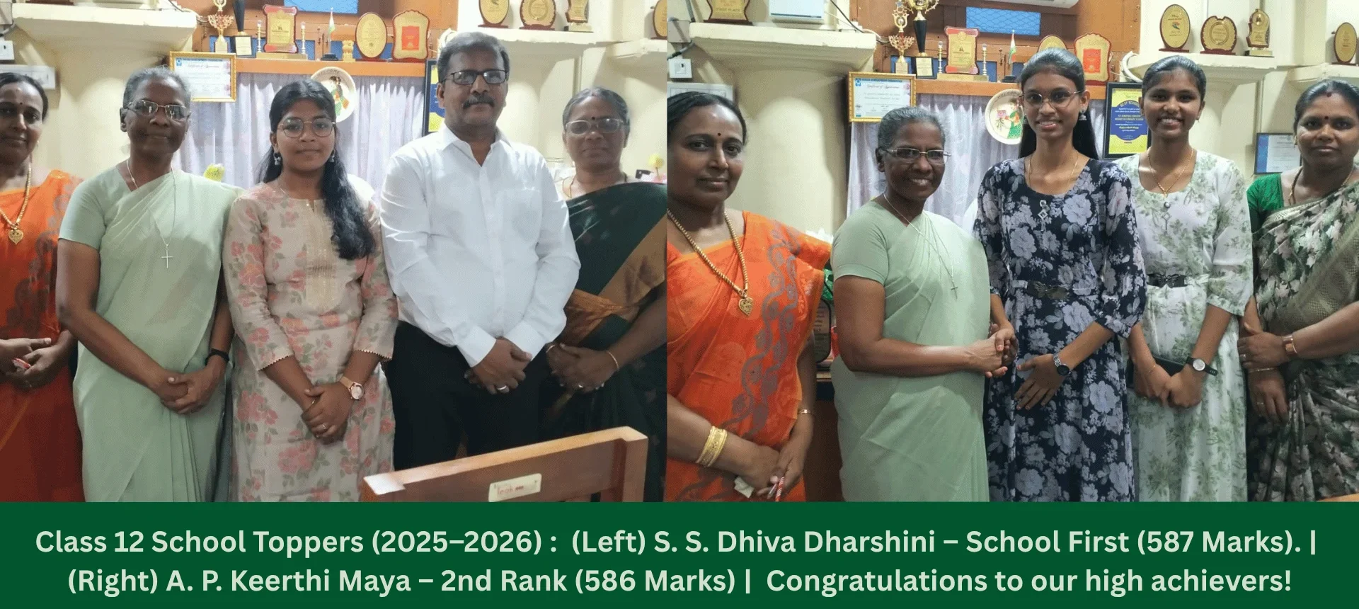 Class 12 School Toppers (2025–2026) (Left) A. P. Keerthi Maya – 2nd Rank (586 Marks) (Right) S. S. Dhiva Dharshini – School First (587 Marks). Congratulations to our